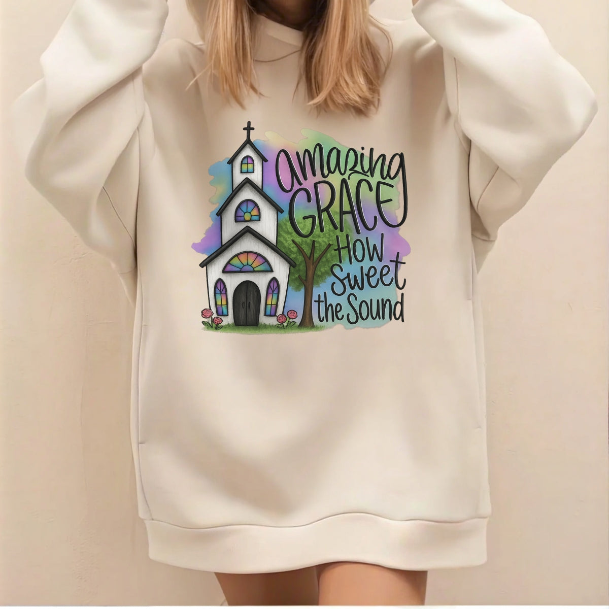 DTF Heat Transfer Iron On Sticker , Gothic Church with Stained Glass and "Amazing Grace" Quote ,  Pink Roses and Green Tree on Pastel Watercolor Background , Inspirational Christian Merch for T-Shirts, Hoodies, Tote Bags