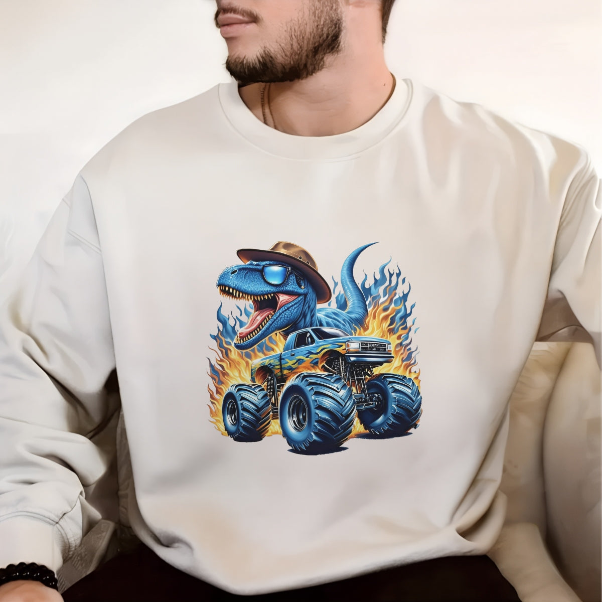 Blue Dinosaur Monster Truck DTF Iron-On Sticker , 'Roaring Flames Adventure' Design,Automotive Decal for T-Shirts, Hoodies