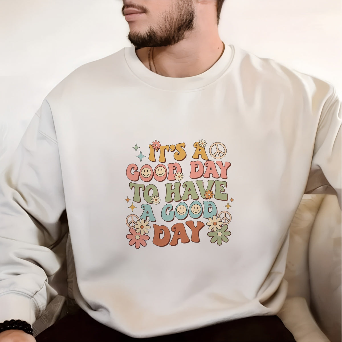 DFT Iron-on TransfersGroovy Peace Flower DTF Iron-On Transfer Sticker,'It's a Good Day' Retro Hippie Design,Vibrant Smiley Face & Floral Motif for Apparel, Tote Bags