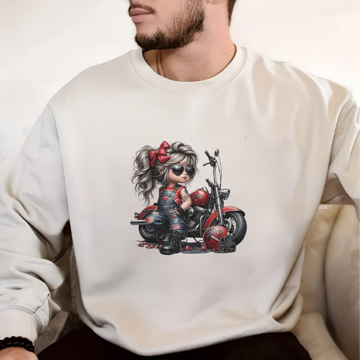 DTF Heat Transfer Iron On Sticker, Cool Biker Style Little Biker with Heart Sunglasses and Red Denim Overalls, Decal for Clothing, Tote Bags