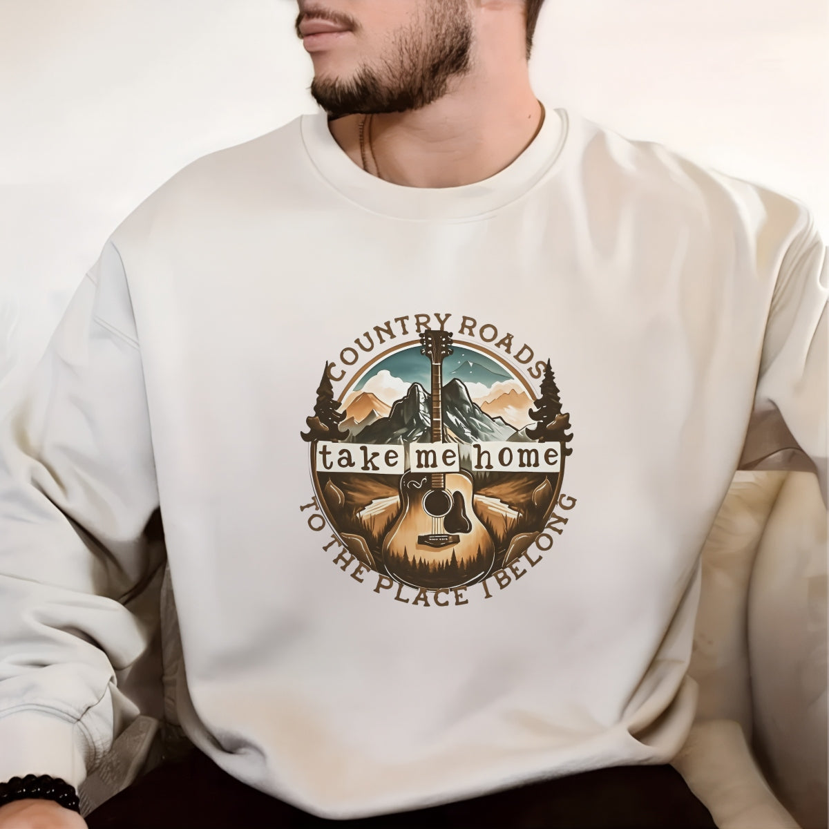 Country Roads Iron On Transfer , Retro Guitar Mountain Design for T-Shirts, Vintage Country Music Heat Press Patch for DIY Clothing, Western Aesthetic Shirt Decal