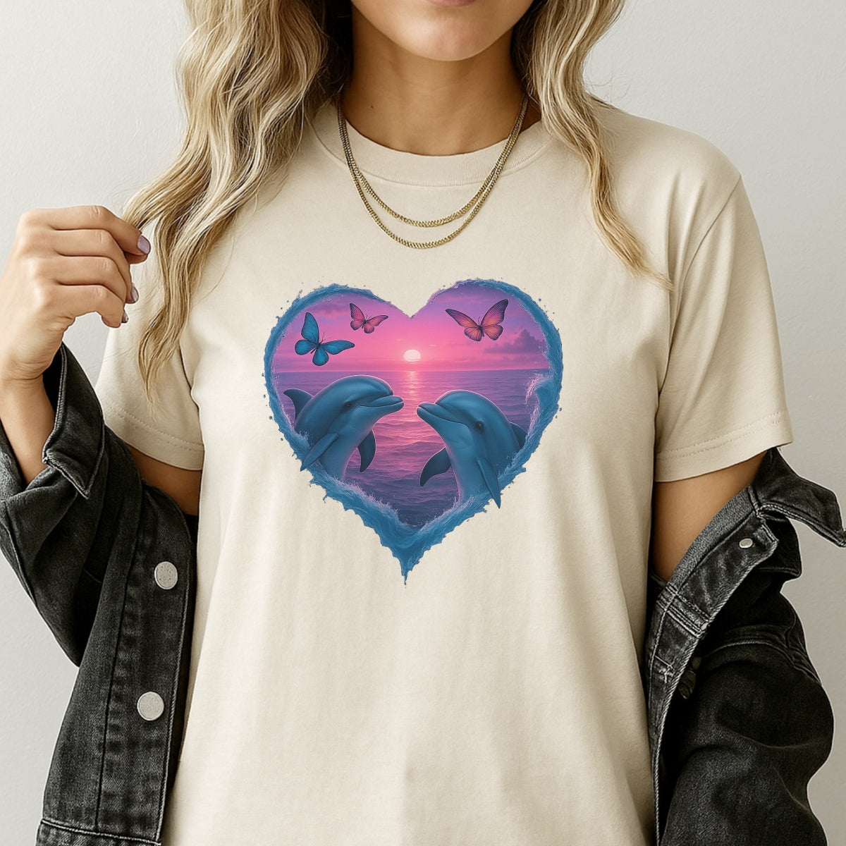 DTF Heat Transfer Iron On Sticker,Romantic Dolphins Heart with Sunset Ocean and Butterflies Design for DIY Shirt, Beachwear, Couple Gift, Aesthetic Summer Vibe