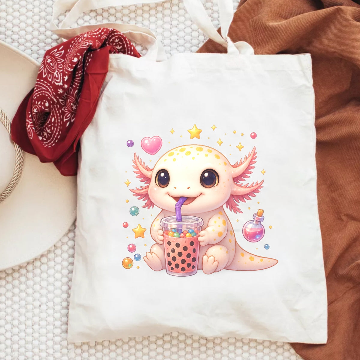 Cute Axolotl Boba Tea DTF Transfer, Kawaii Bubble Tea Iron-On Patch for T-Shirts, Hoodies, Totes,Heat Press Vinyl for DIY Clothing | Anime Style Animal Sticker Decal