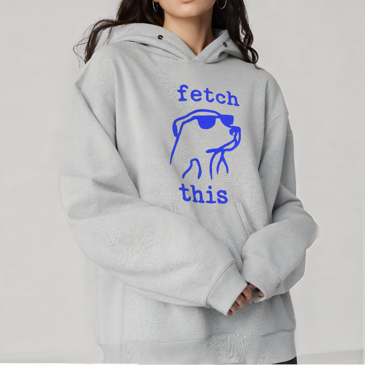 DTF Heat Transfer Iron On Sticker,  Chill Pup with Sunglasses ,  "Fetch This" Bold Blue Typography ,  Modern Minimalist Pet Sticker for Party Outfits, Tote Bags and DIY Crafts