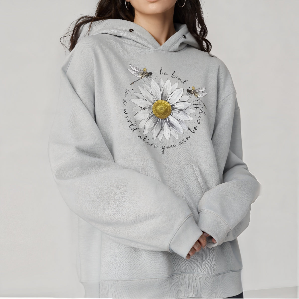 DTF Heat Transfer Iron On Sticker ,  White Daisy with Golden Core and Layered Petals, Dragonflies and "Be Kind" Cursive Text ,  Nature-Inspired Motivational Decal for Clothing, Tote Bags