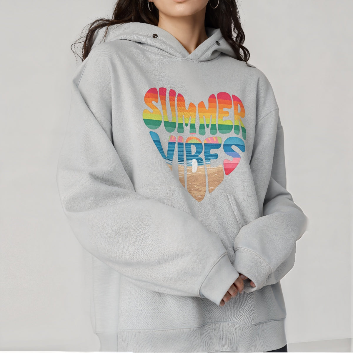Summer Vibes DTF Iron-On Transfer ,  Rainbow Gradient Heart Design with Beach Scene ,  'SUMMER VIBES' Text Sticker for T-Shirts, Hoodies, Tote Bags