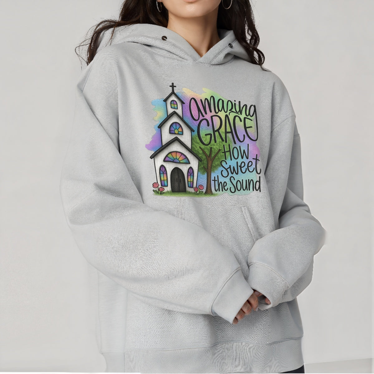DTF Heat Transfer Iron On Sticker , Gothic Church with Stained Glass and "Amazing Grace" Quote ,  Pink Roses and Green Tree on Pastel Watercolor Background , Inspirational Christian Merch for T-Shirts, Hoodies, Tote Bags