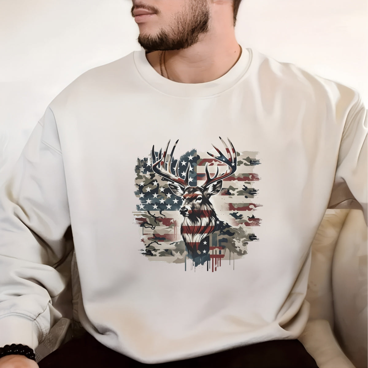 American Flag Deer DTF Iron-On Sticker , Patriotic Camouflage Hunting Decal , Waterproof Vinyl Transfer for T-Shirts