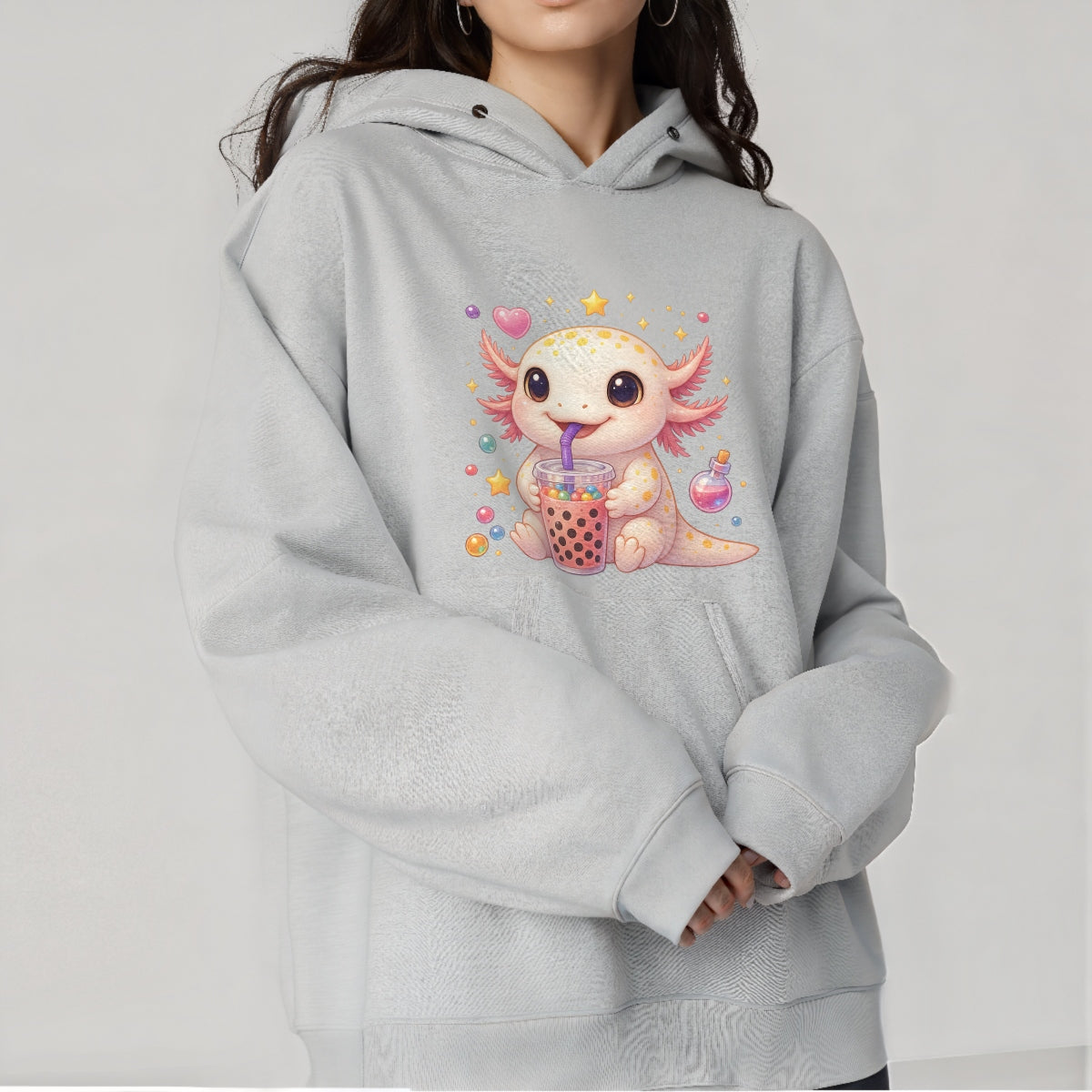 Cute Axolotl Boba Tea DTF Transfer, Kawaii Bubble Tea Iron-On Patch for T-Shirts, Hoodies, Totes,Heat Press Vinyl for DIY Clothing | Anime Style Animal Sticker Decal