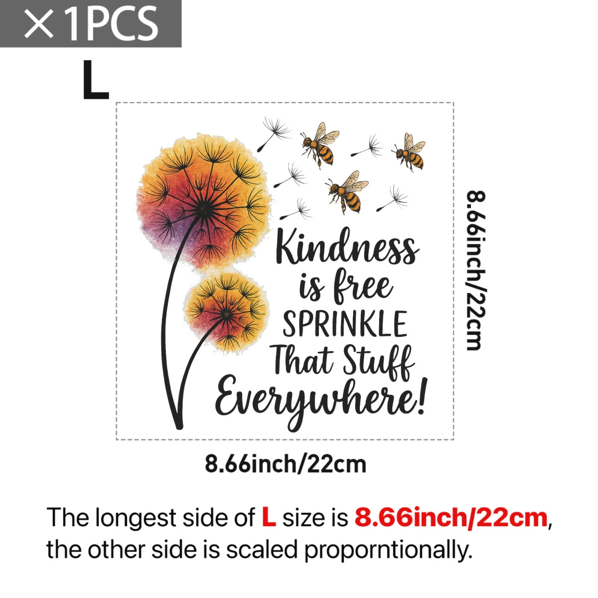 Kindness Quote Iron-On Transfer ,  Colorful Dandelion and Bee DIY Patch for T-Shirts, Tote Bags, Gifts , Aesthetic Heat Press Decal for all