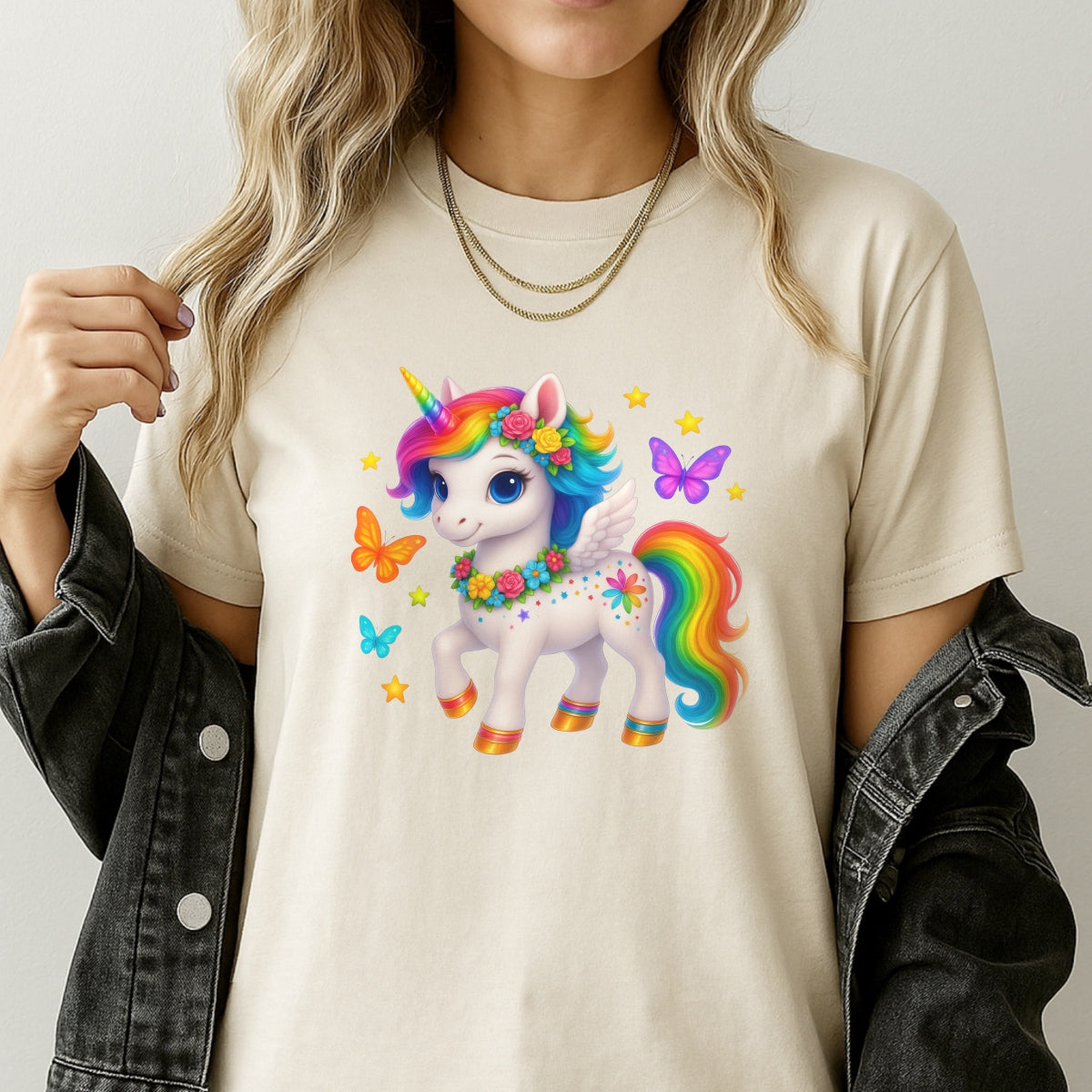 DTF Heat Transfer Iron On Sticker,Rainbow Unicorn with Wings, Flowers, and Stars Design for DIY Shirt, Fantasy Lover Gift, Magical Aesthetic Apparel Decoration