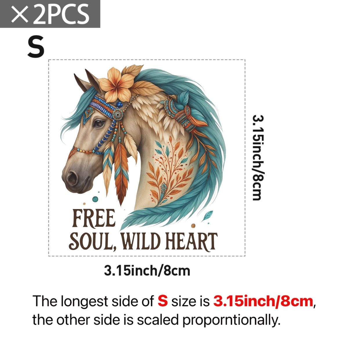 Colorful Horse "Free Soul, Wild Heart" Designs DIY Iron-On Transfer Stickers , Washable, Heat Press Decals for T-Shirts