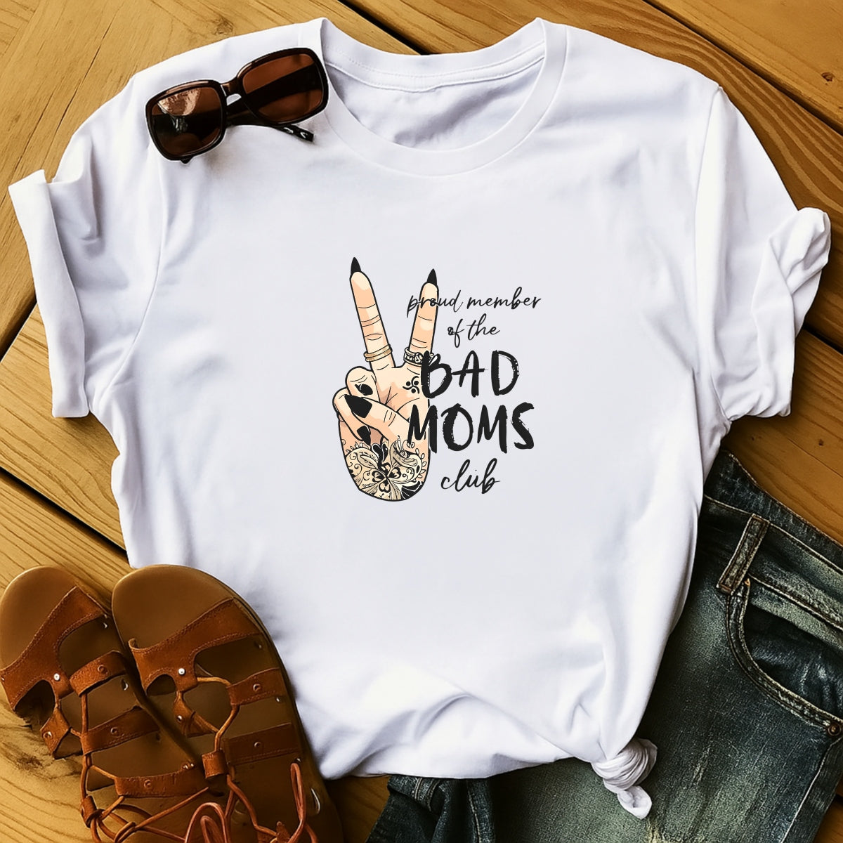 DTF Heat Transfer Iron On Sticker, "Bad Moms Club" Hand Gesture Art with Henna Floral Patterns & Peace Sign,Empowerment Slogan Sticker for Clothing, Tote Bags