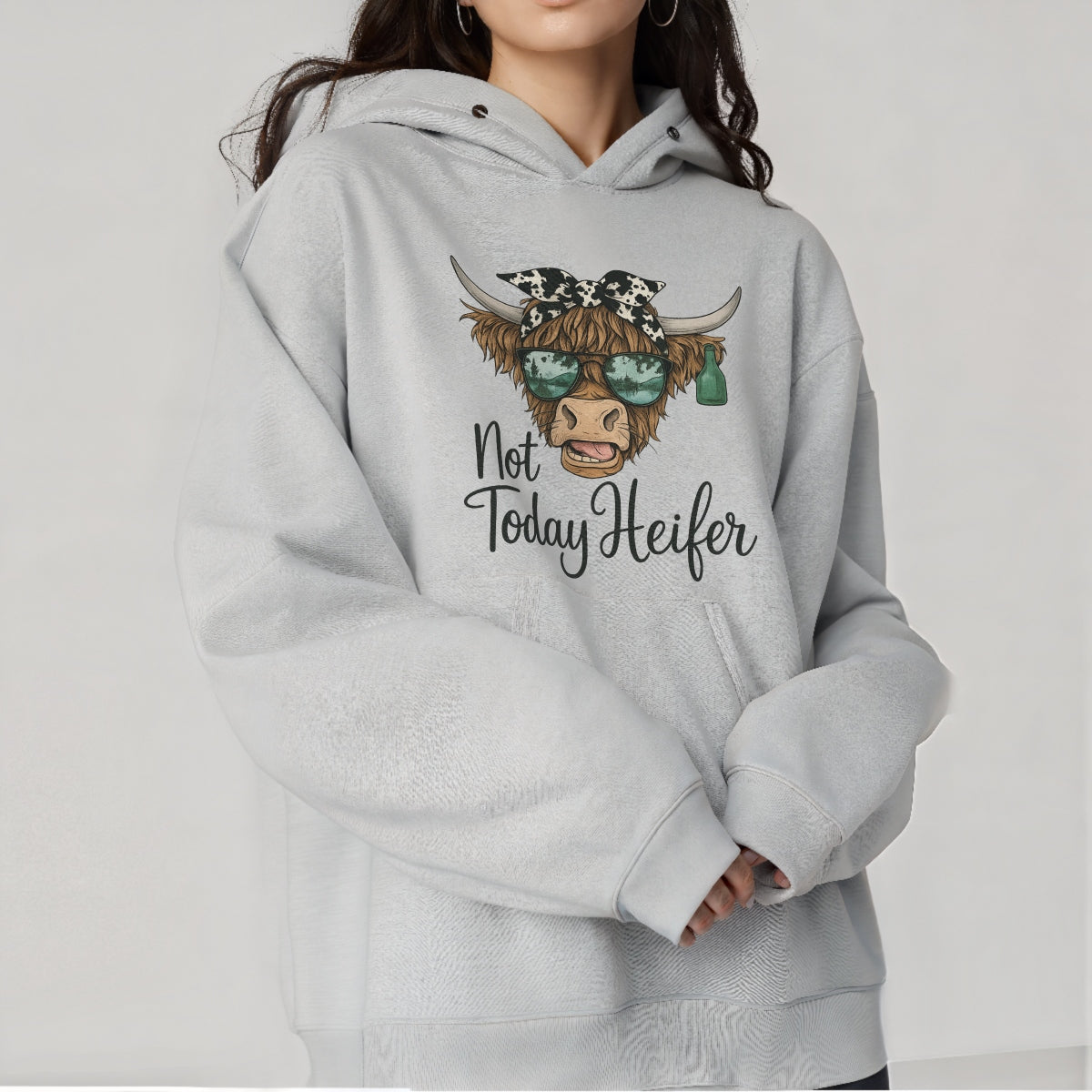 DTF Heat Transfer Iron On Sticker , Highland Cow with Green Sunglasses and Bandana , "Not Today Heifer" Western Style Decal for Clothing, Tote Bags