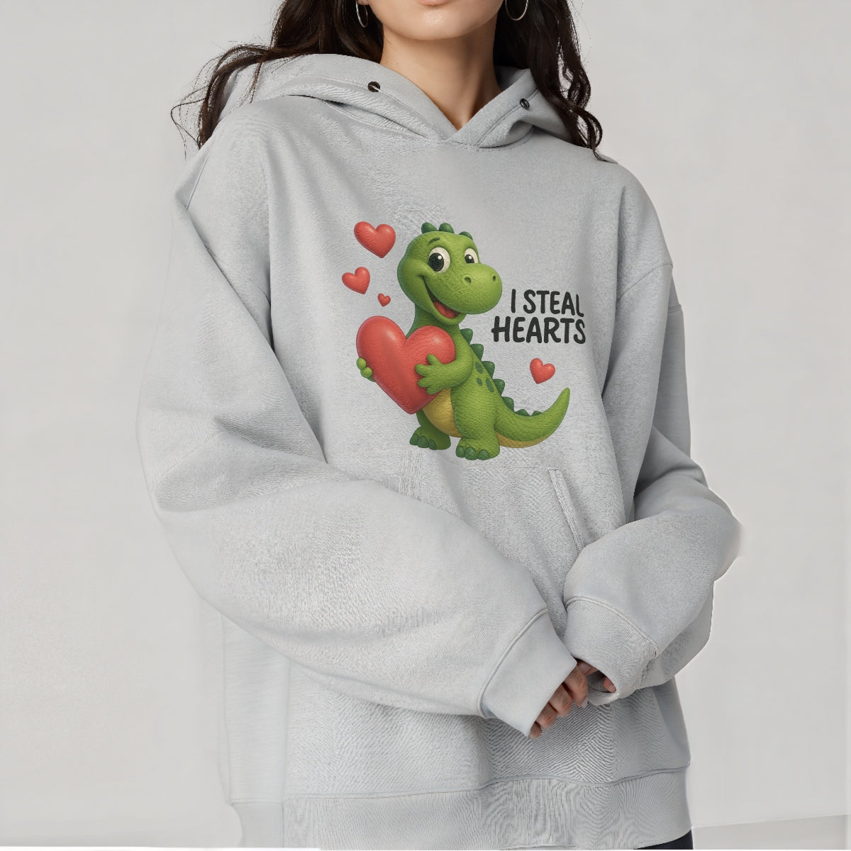 Cute Dinosaur Heat Transfer Patch ,  Steal Hearts Iron-On Decal for T-Shirts, Bags, Funny Valentine DIY Design