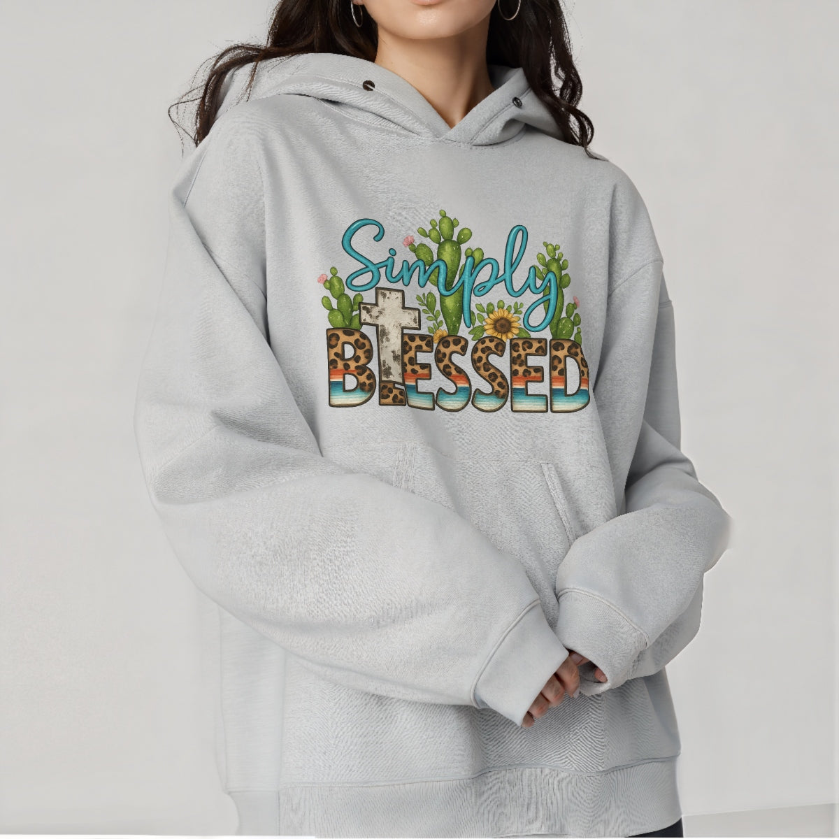 DTF Heat Transfer Iron On Sticker ,  "Simply Blessed" Cactus and Sunflower Design with Leopard Print BLESSED Text and Desert Stripes Cross ,  Western and Spiritual Themed Decal for Clothing, Tote Bags