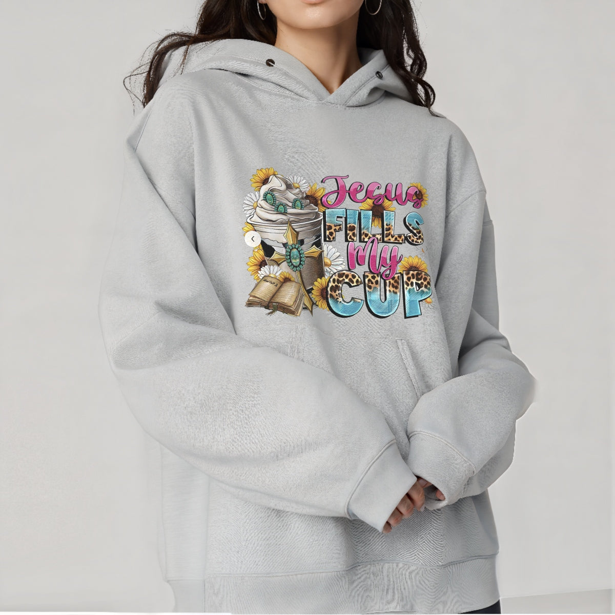 DTF Heat Transfer Iron On Sticker , Floral Bible Cross with "Jesus FILLS My CUP" Verse , Christian Faith Decor Sticker for Clothing, Tote Bags