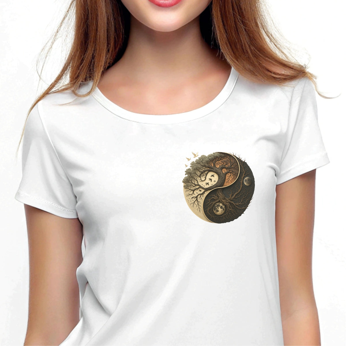 Yin Yang Tree of Life DTF Heat Transfer, Moon & Nature Spiritual Iron On Decal for DIY T-Shirts, Ready to Press, Full Color, Washable