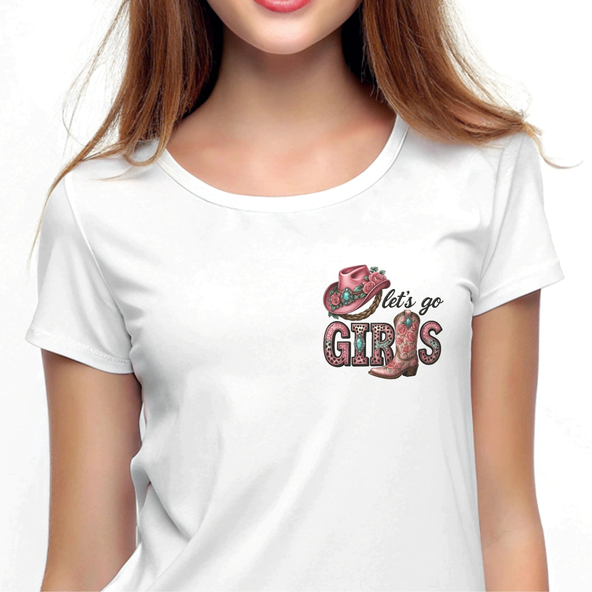 Let’s Go Girls Western DTF Transfer , Pink Cowgirl Hat and Boot Heat Press Iron-On for T-Shirts, Country Rodeo Style, Glitter Vinyl Look