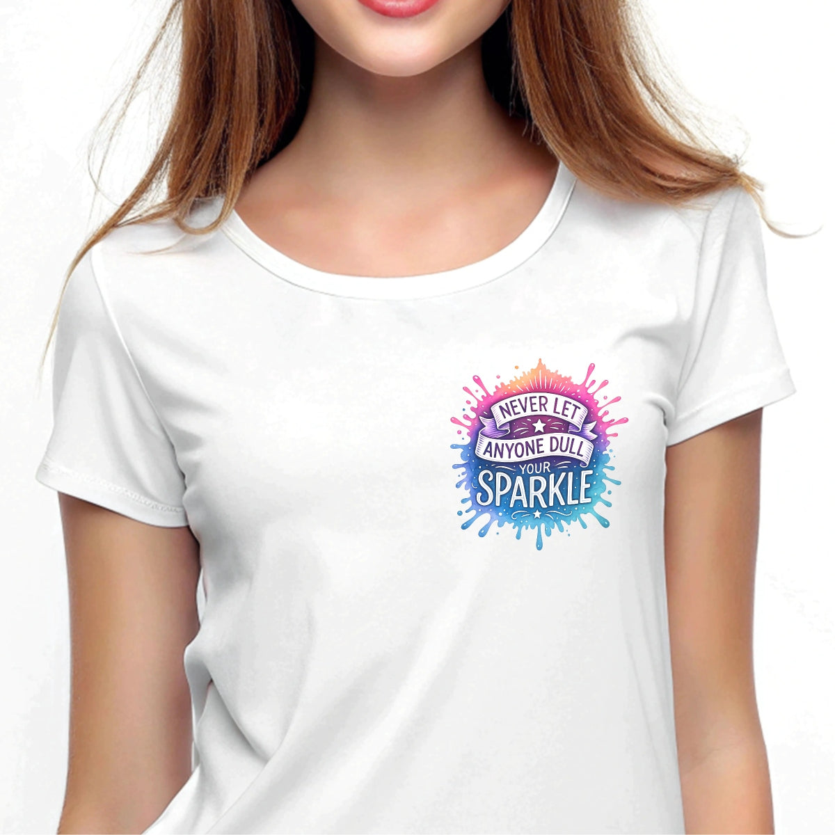 Never Let Anyone Dull Your Sparkle” DTF Transfer , Inspirational Quote Iron-On Patch for T-Shirts, Hoodies, Totes , Vibrant Glitter Effect Heat Press Decal for DIY Clothing