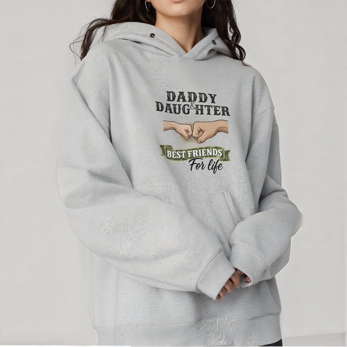 DTF Heat Transfer Iron On Sticker , "DADDY and DAUGHTER" Fist Bump Friendship Design , Vintage Polka Dot Background with Camouflage Ribbon and Military-Inspired Aesthetic ,  Family Bonding Apparel Decal for T-Shirts, Hoodies, Tote Bags