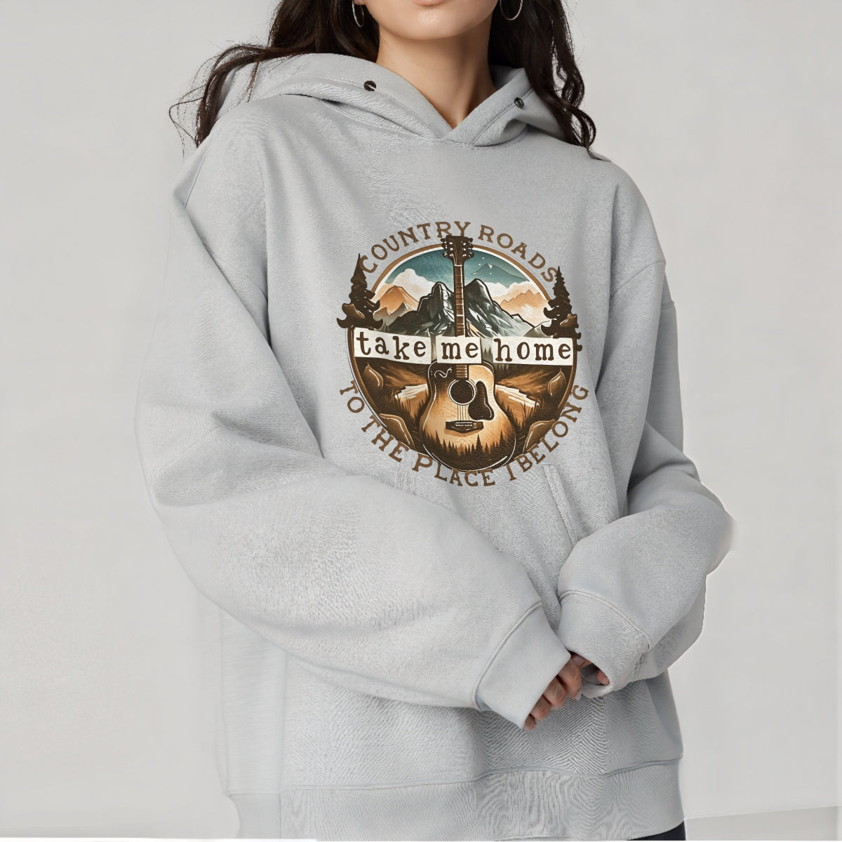 Country Roads Iron On Transfer , Retro Guitar Mountain Design for T-Shirts, Vintage Country Music Heat Press Patch for DIY Clothing, Western Aesthetic Shirt Decal