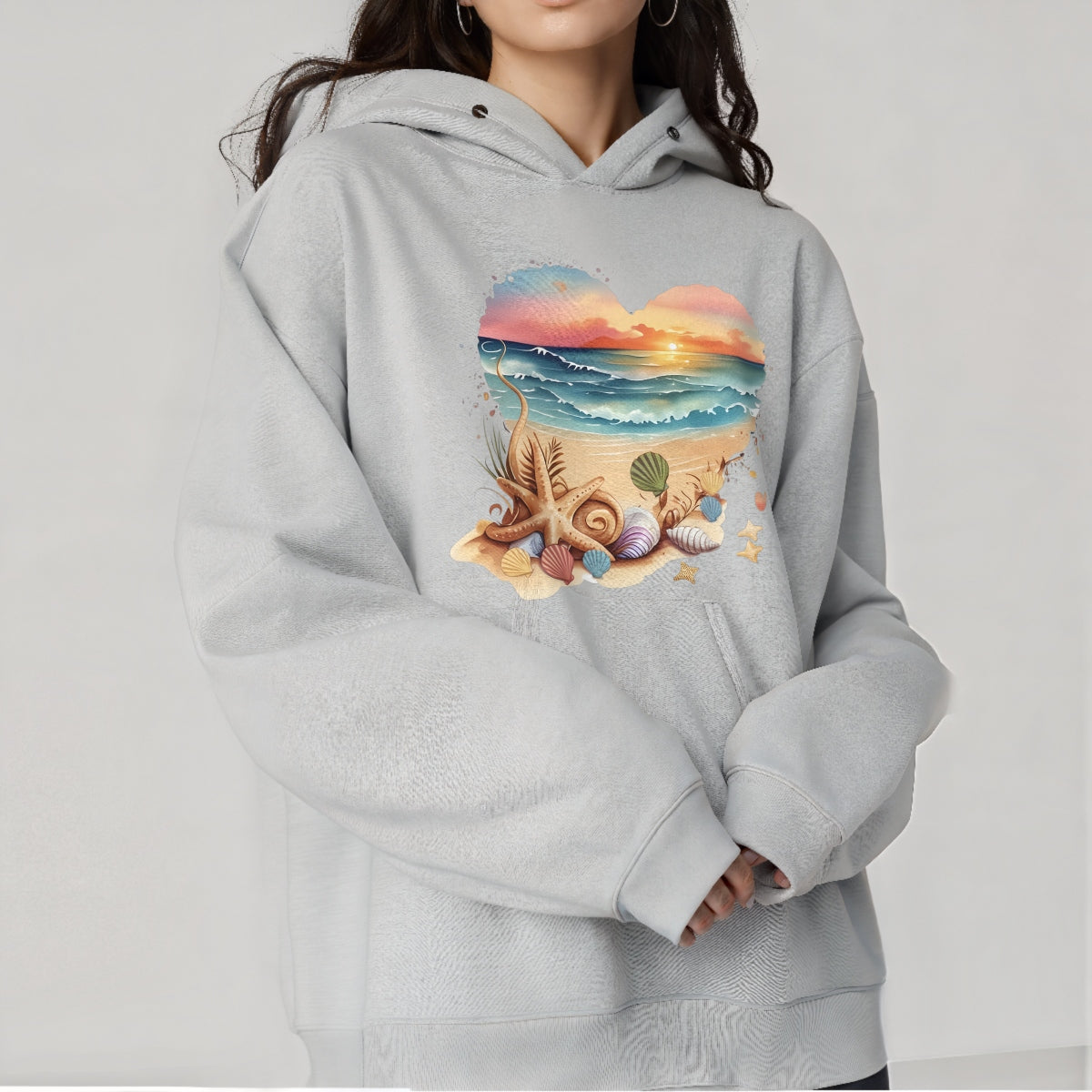 DTF Heat Transfer Iron On Sticker ,  Heart-Shaped Beach Sunset Scene with Seashells and Starfish , Tropical Vacation Merch for Clothing, Tote Bags