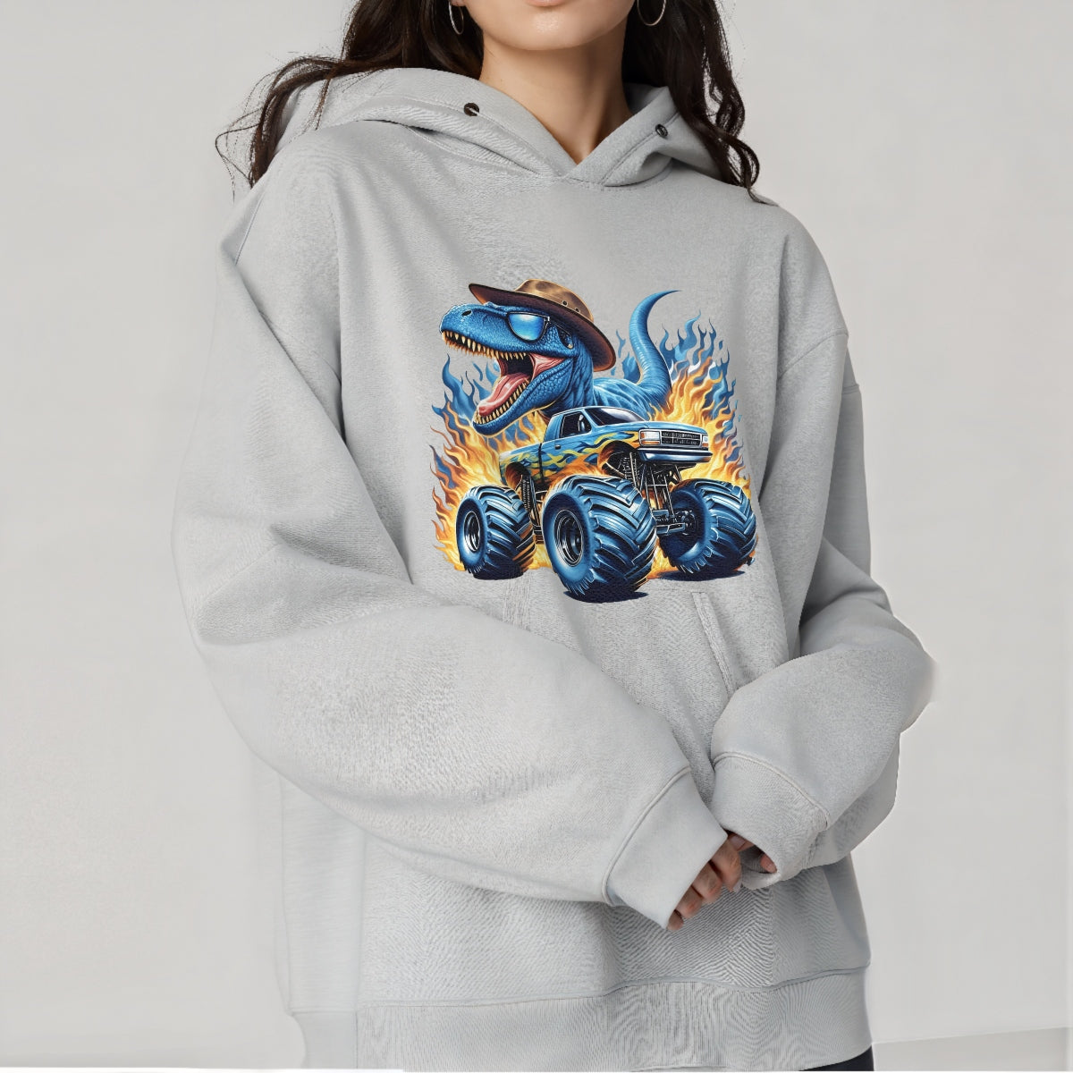Blue Dinosaur Monster Truck DTF Iron-On Sticker , 'Roaring Flames Adventure' Design,Automotive Decal for T-Shirts, Hoodies