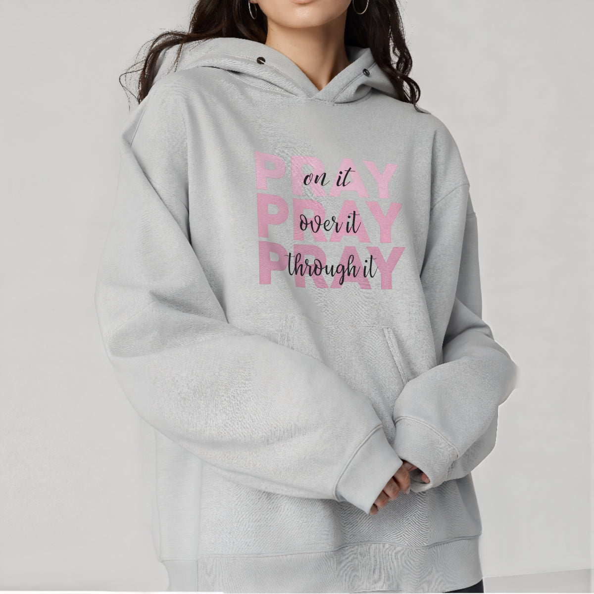 DTF Heat Transfer Iron On Sticker ,  Minimalist Pink PRAY Quote with Layered Cursive, Spiritual Encouragement Wall Decal for Clothing, Tote Bags, Hoodies