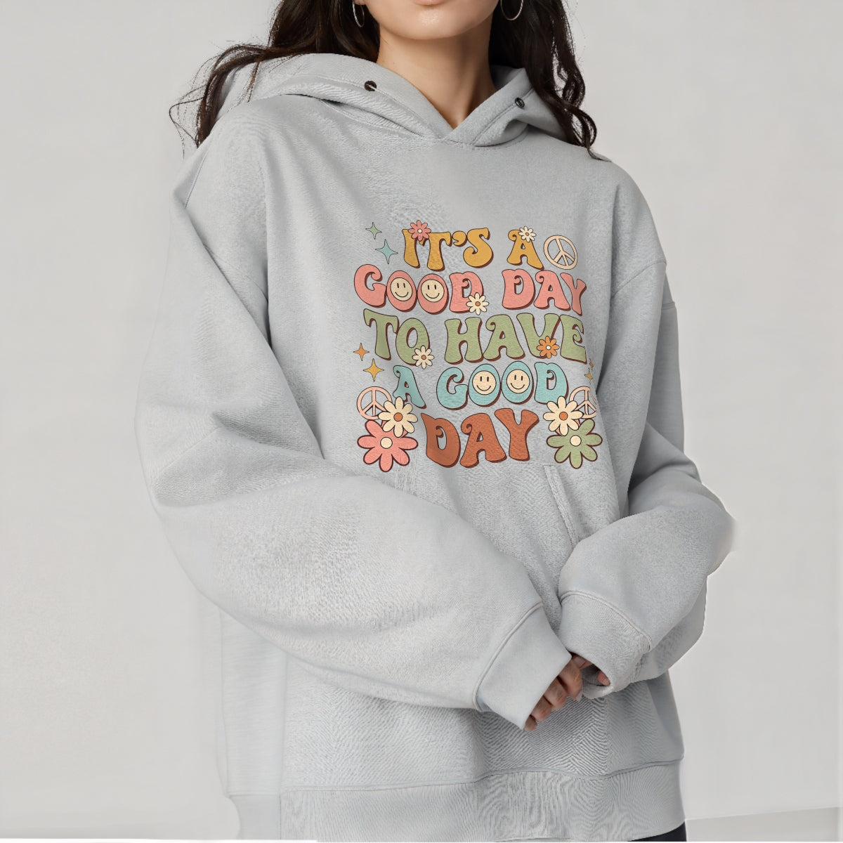 DFT Iron-on TransfersGroovy Peace Flower DTF Iron-On Transfer Sticker,'It's a Good Day' Retro Hippie Design,Vibrant Smiley Face & Floral Motif for Apparel, Tote Bags