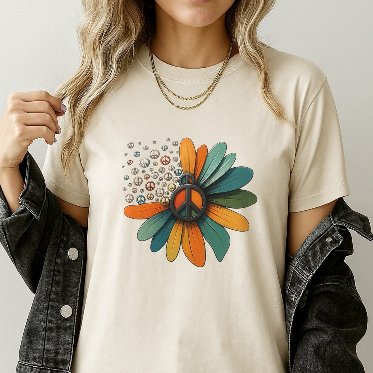 Colorful Peace Sign DTF Transfer,Retro Hippie Boho Flower Iron On for Heat Press,DIY T-Shirts, Hoodies, Tote Bags