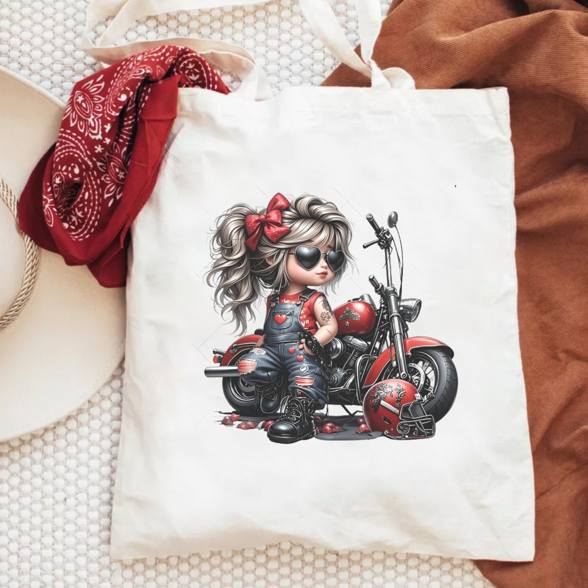 DTF Heat Transfer Iron On Sticker, Cool Biker Style Little Biker with Heart Sunglasses and Red Denim Overalls, Decal for Clothing, Tote Bags