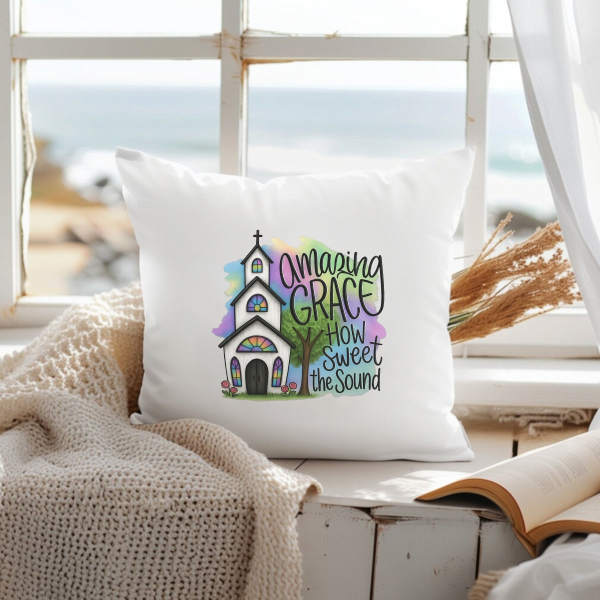 DTF Heat Transfer Iron On Sticker , Gothic Church with Stained Glass and "Amazing Grace" Quote ,  Pink Roses and Green Tree on Pastel Watercolor Background , Inspirational Christian Merch for T-Shirts, Hoodies, Tote Bags