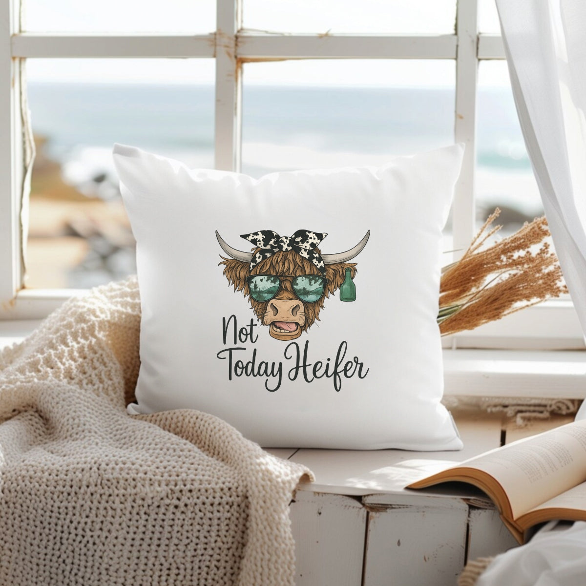 DTF Heat Transfer Iron On Sticker , Highland Cow with Green Sunglasses and Bandana , "Not Today Heifer" Western Style Decal for Clothing, Tote Bags
