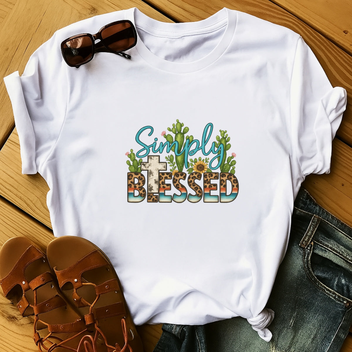 DTF Heat Transfer Iron On Sticker ,  "Simply Blessed" Cactus and Sunflower Design with Leopard Print BLESSED Text and Desert Stripes Cross ,  Western and Spiritual Themed Decal for Clothing, Tote Bags