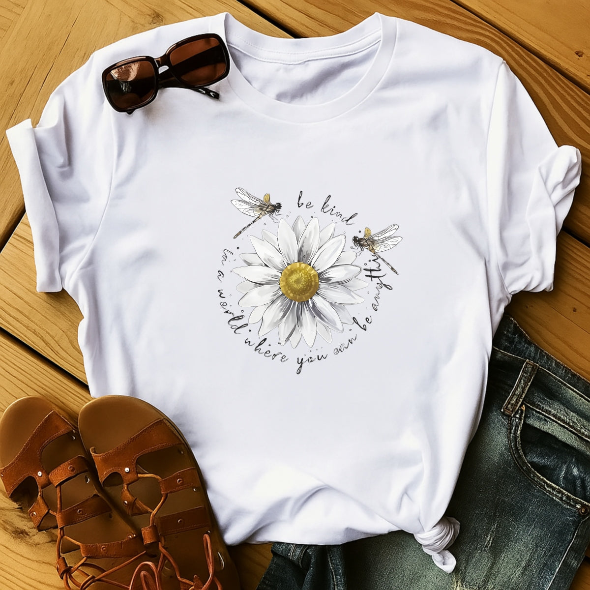 DTF Heat Transfer Iron On Sticker ,  White Daisy with Golden Core and Layered Petals, Dragonflies and "Be Kind" Cursive Text ,  Nature-Inspired Motivational Decal for Clothing, Tote Bags