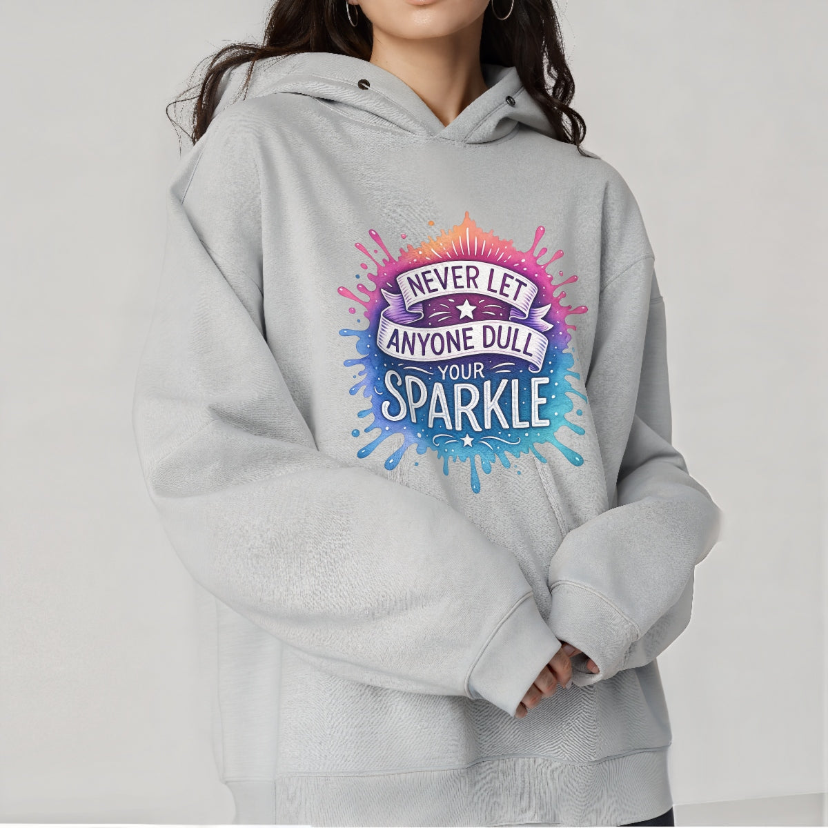 Never Let Anyone Dull Your Sparkle” DTF Transfer , Inspirational Quote Iron-On Patch for T-Shirts, Hoodies, Totes , Vibrant Glitter Effect Heat Press Decal for DIY Clothing