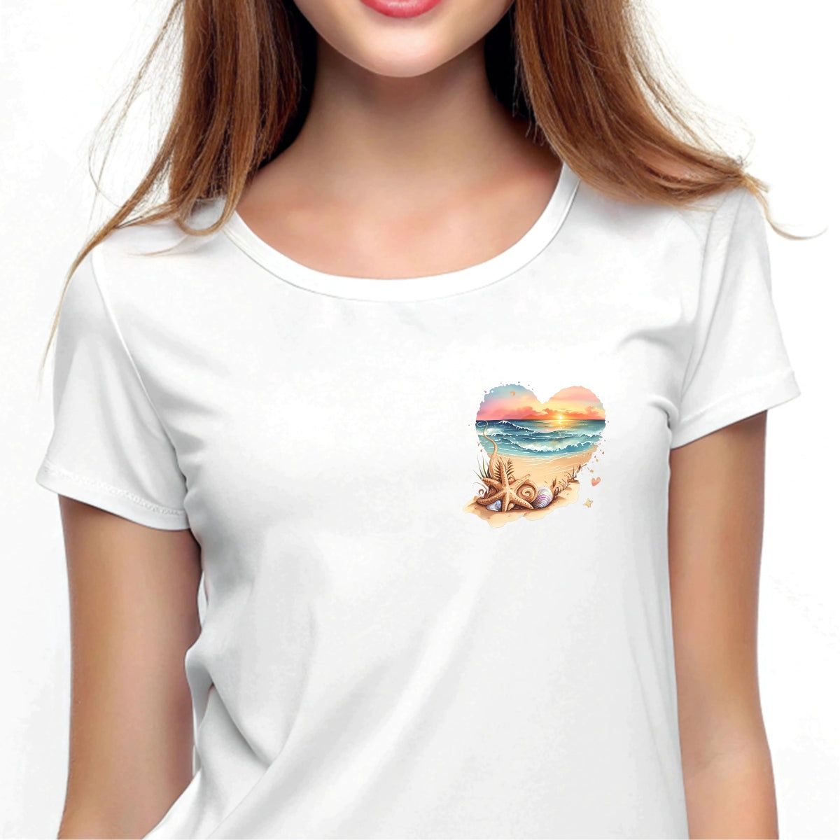 Sunset Beach Heart DTF Transfer,Cute Ocean Summer Iron On Patch for T-Shirts, Tote Bags, DIY Heat Press Decals, Aesthetic Watercolor Surf Art, Pastel Coastal Vinyl Design