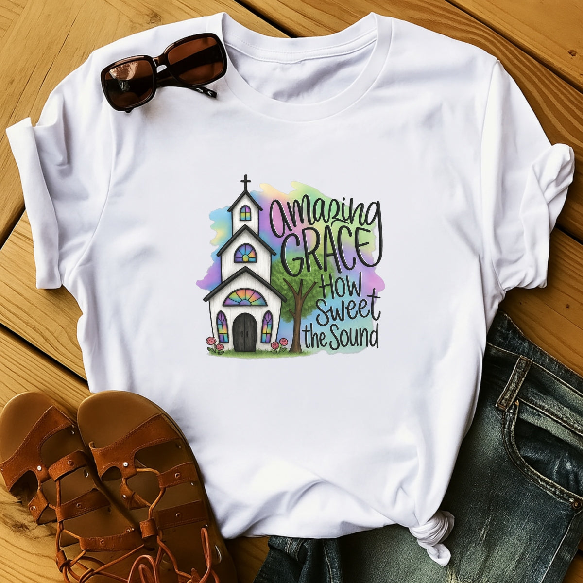 DTF Heat Transfer Iron On Sticker , Gothic Church with Stained Glass and "Amazing Grace" Quote ,  Pink Roses and Green Tree on Pastel Watercolor Background , Inspirational Christian Merch for T-Shirts, Hoodies, Tote Bags