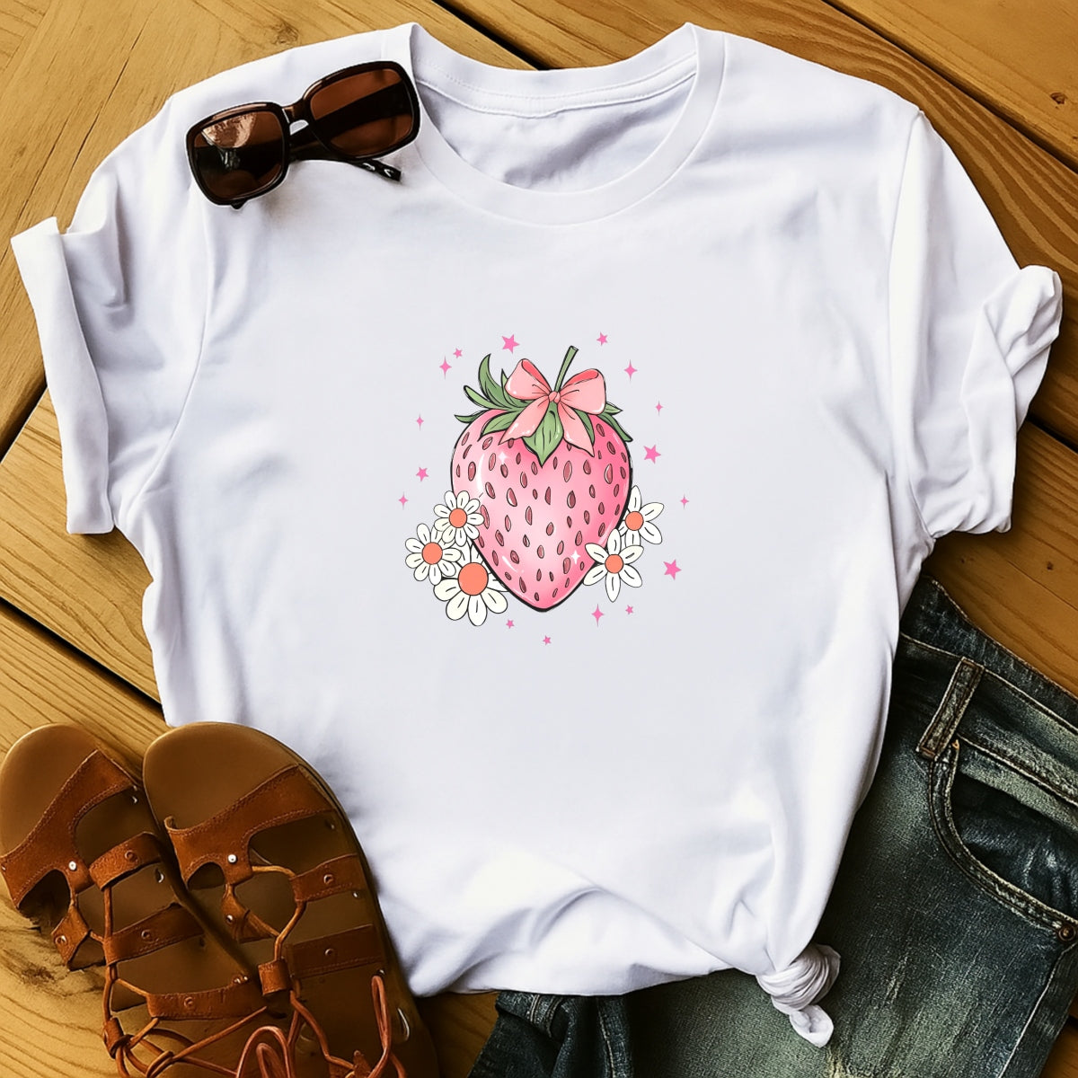 DTF Heat Transfer Iron On Sticker , Heart-Shaped Strawberry with Bow and Daisies,   Feminine Home Decor and Clothing Accent Sticker for T-Shirts, Hoodies, Aprons