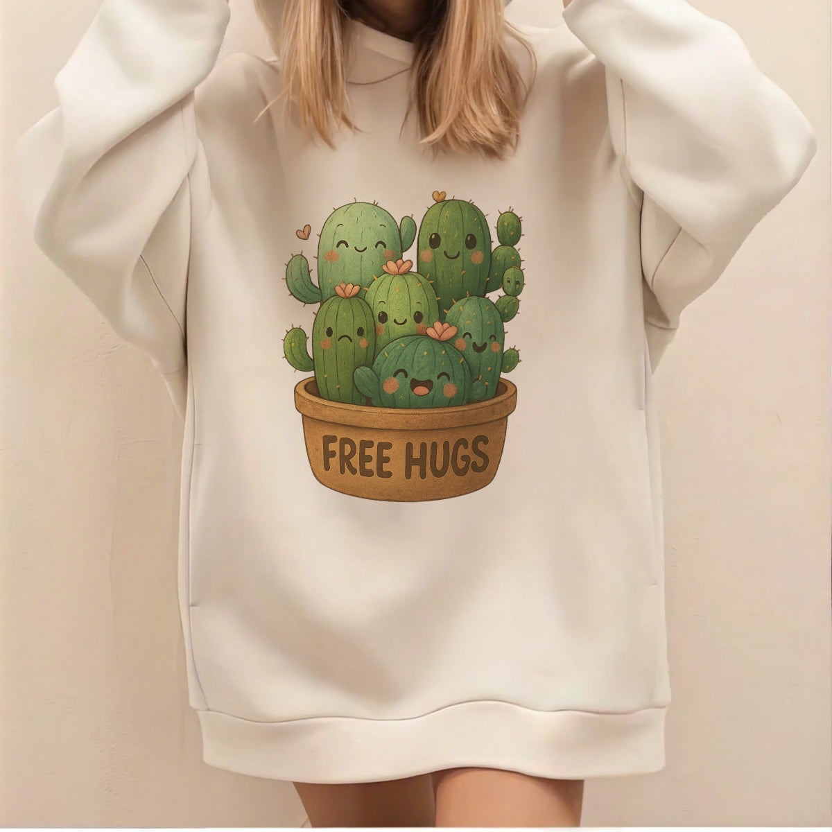 Cute Cactus "Free Hugs" Iron-On Transfer,Funny DTF Heat Transfer Patch for T-Shirts, Tote Bags, Hoodies