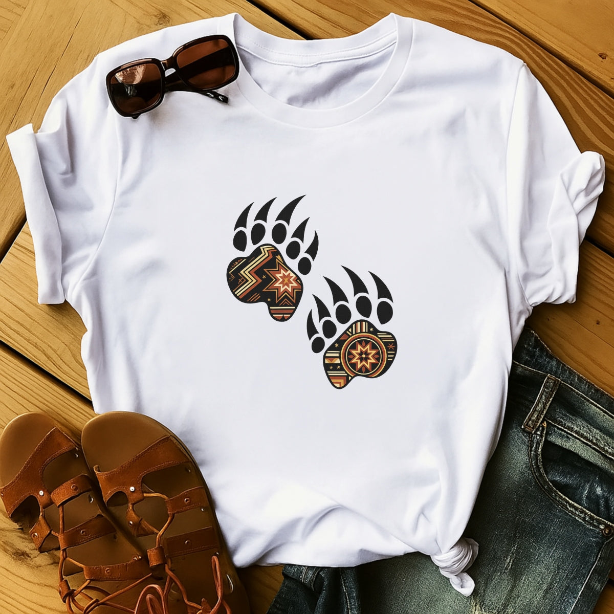 DTF Heat Transfer Iron On Sticker , Bear Paw Print, Tribal Ethnic Style, Geometric Star Patterns, for Clothing Jeans T-Shirt Boots Hat Bag Backpack