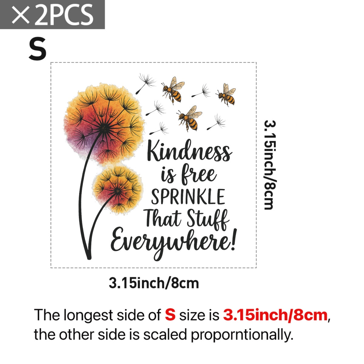 Kindness Quote Iron-On Transfer ,  Colorful Dandelion and Bee DIY Patch for T-Shirts, Tote Bags, Gifts , Aesthetic Heat Press Decal for all