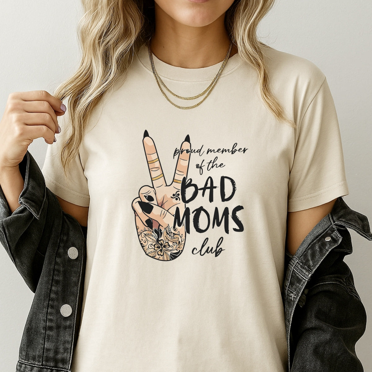 Bad Moms Club Peace Sign DTF Iron-On Decal , Floral Tattoo Mom Life Sticker | Black and Tan Gold Accents Design for Apparel