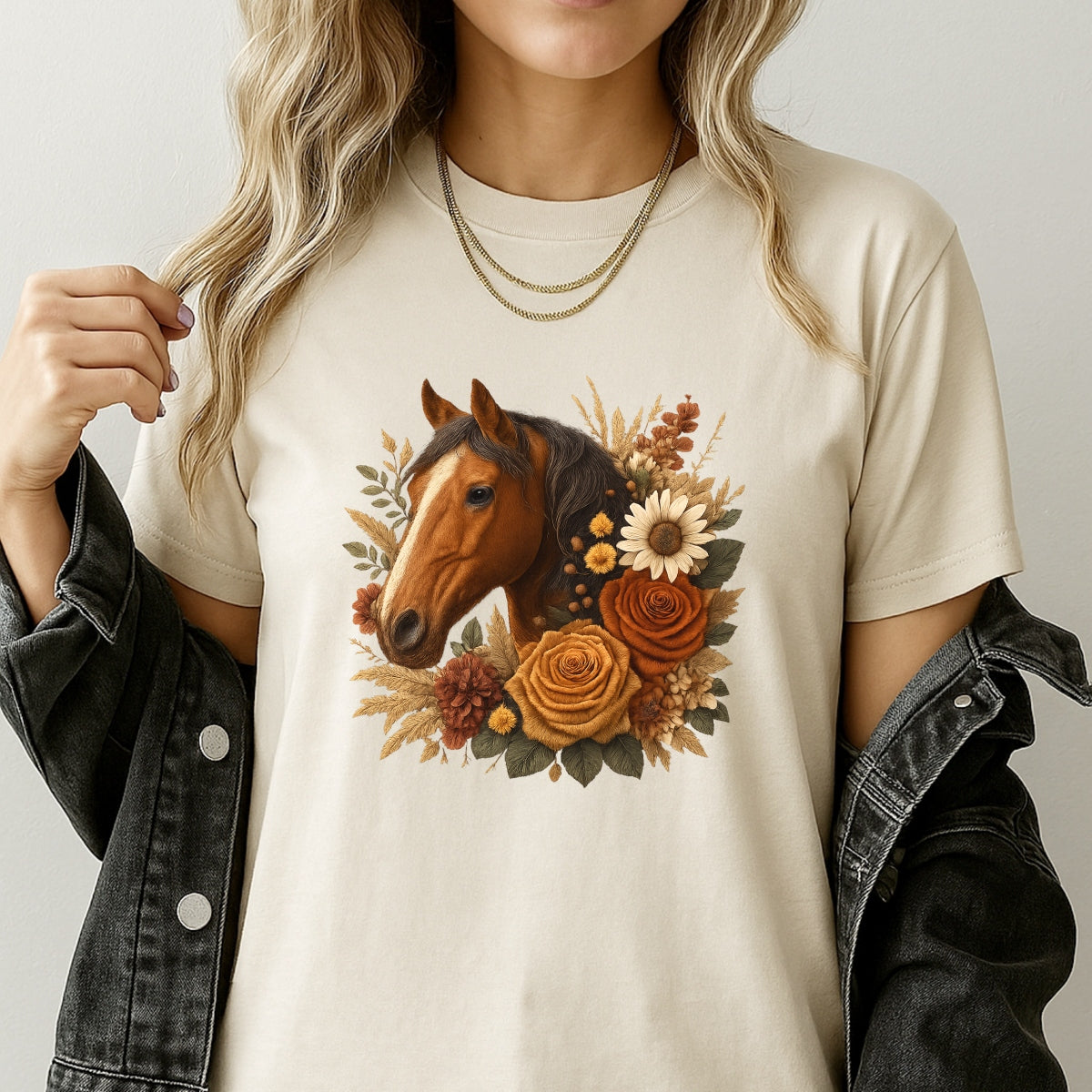 Realistic Horse DTF Transfer , Autumn Floral Western Iron On Decal for T-Shirts, Hoodies, Tote Bags , DIY Heat Press Animal Print for Country Cowboy Style
