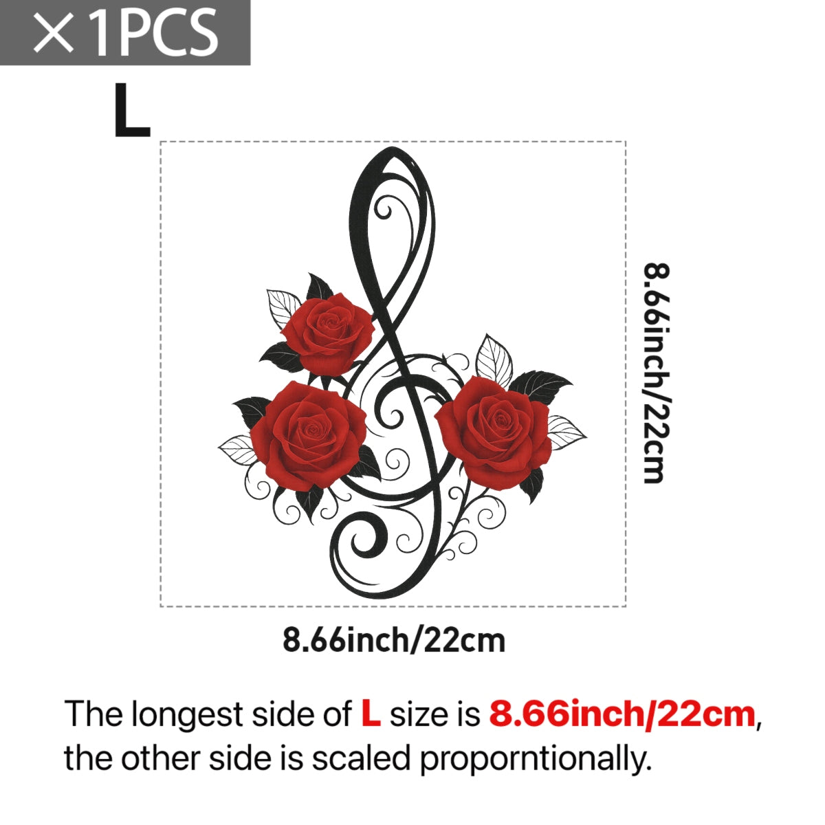 Music Note Rose Iron On Transfer for T-Shirts , DTF Heat Transfer Patch , Red Rose Floral Treble Clef Decal for DIY Clothing, Bags