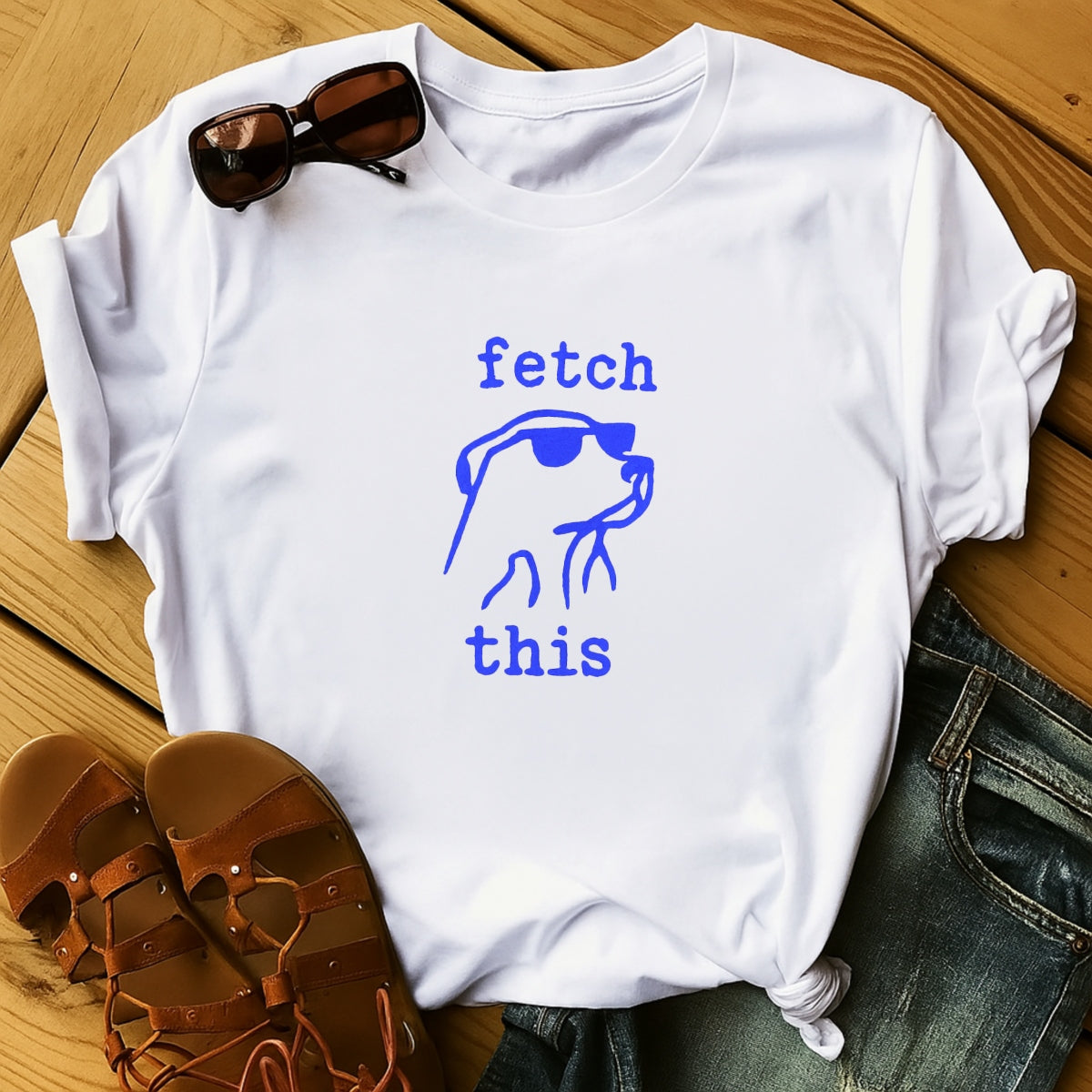 DTF Heat Transfer Iron On Sticker,  Chill Pup with Sunglasses ,  "Fetch This" Bold Blue Typography ,  Modern Minimalist Pet Sticker for Party Outfits, Tote Bags and DIY Crafts