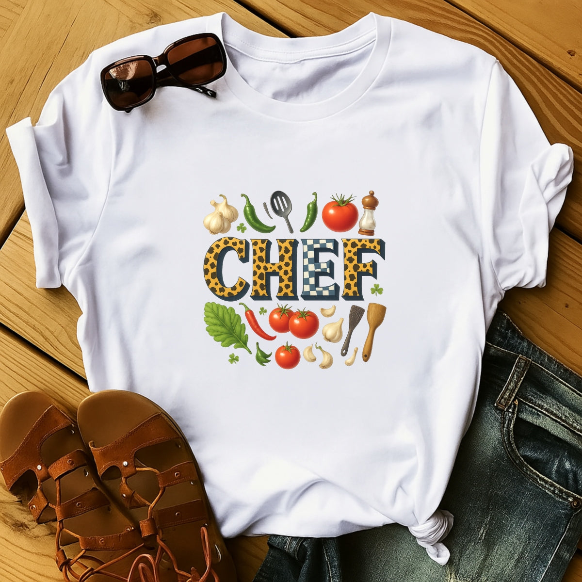 DTF Heat Transfer Iron On Sticker , Vibrant Chef, Garlic, Chili Peppers and Kitchen Tools , Wholesome Kitchen Aesthetic Sticker for Home Decor, Cooking Enthusiast Apparel and Tote Bags