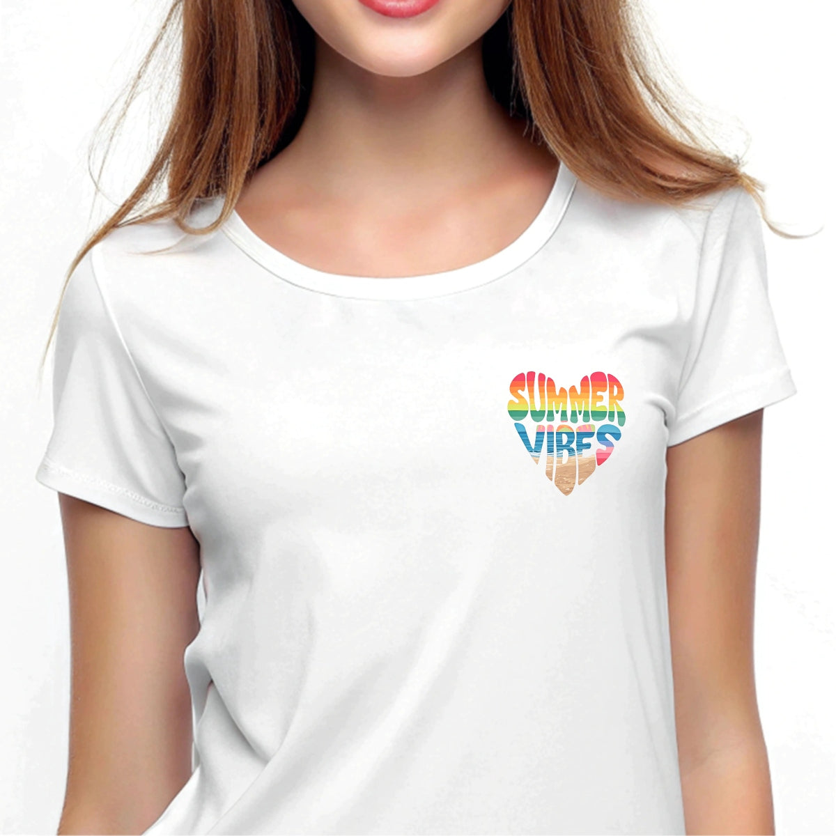 Summer Vibes DTF Iron-On Transfer ,  Rainbow Gradient Heart Design with Beach Scene ,  'SUMMER VIBES' Text Sticker for T-Shirts, Hoodies, Tote Bags