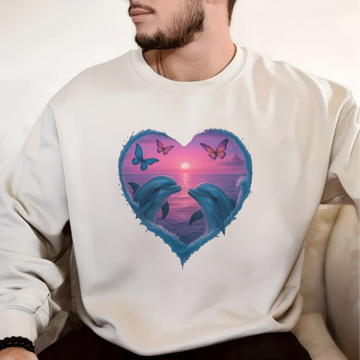 DTF Heat Transfer Iron On Sticker,Romantic Dolphins Heart with Sunset Ocean and Butterflies Design for DIY Shirt, Beachwear, Couple Gift, Aesthetic Summer Vibe